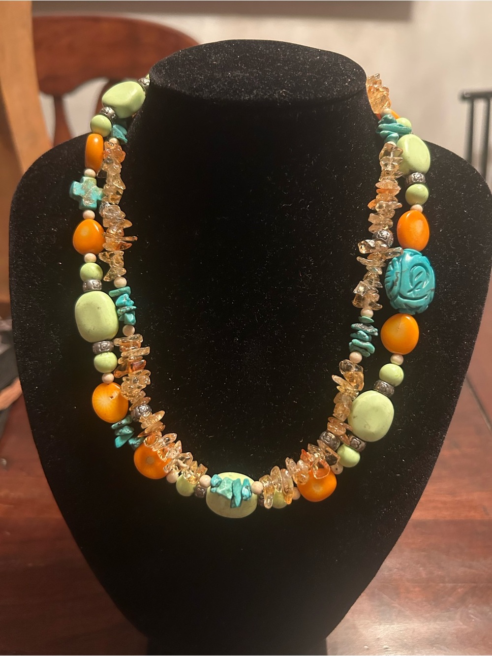 Artisan Designed Sterling Silver Carved Turquoise Crystal Stone Bead Necklace
